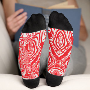 a red and white image of a pattern on a white back socks