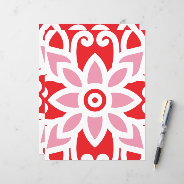 a red and white pattern with a flower on it (Front/Back In Situ)