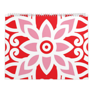 a red and white pattern with a flower on it calendar