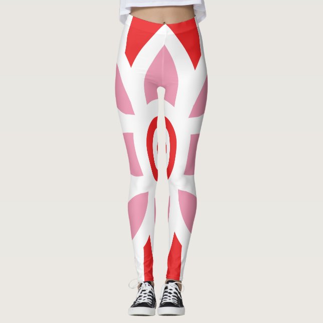 a red and white pattern with a flower on it leggings (Front)