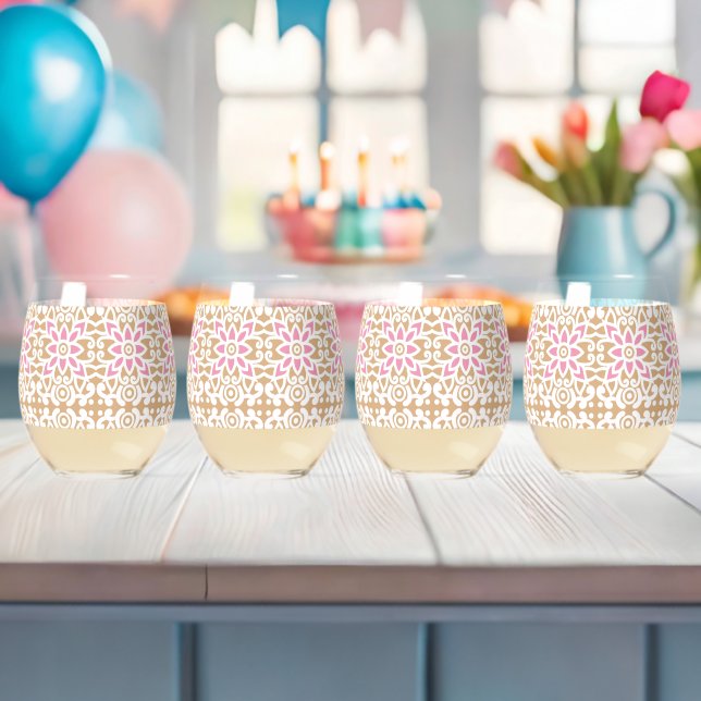 A red and white patterned image featuring a diamon stemless wine glass (Insitu (Baby Shower))