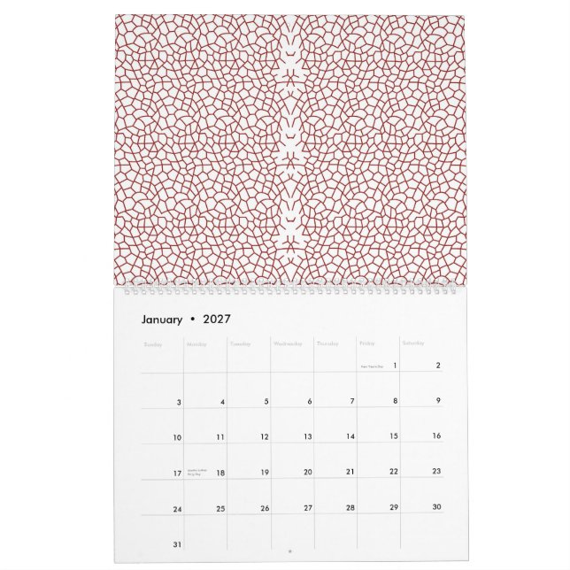 a red and white wallpaper with a pattern on it calendar (Jan 2027)