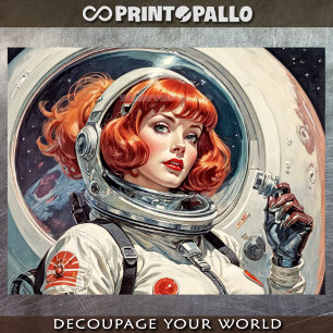 A red astronaut woman heading to the moon in 1950s tissue paper