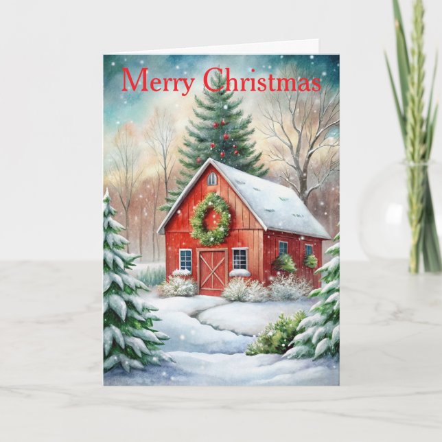 A Red Barn at Christmas Holiday Card (Front)