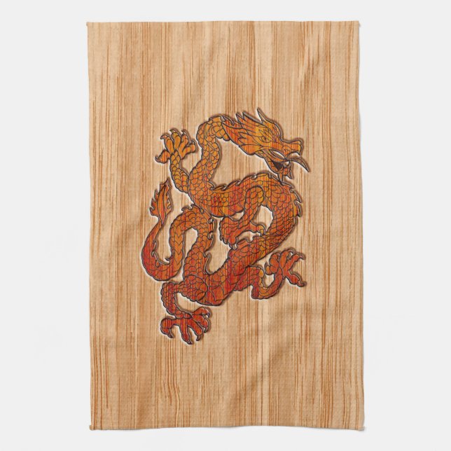 A red Dragon on Bamboo like Kitchen Towel (Vertical)