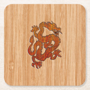 A red Dragon on Bamboo like Square Paper Coaster