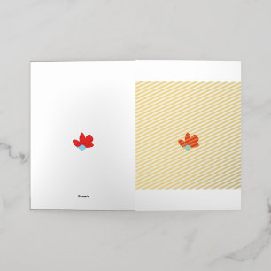 a red flower with a blue centre foil greeting card