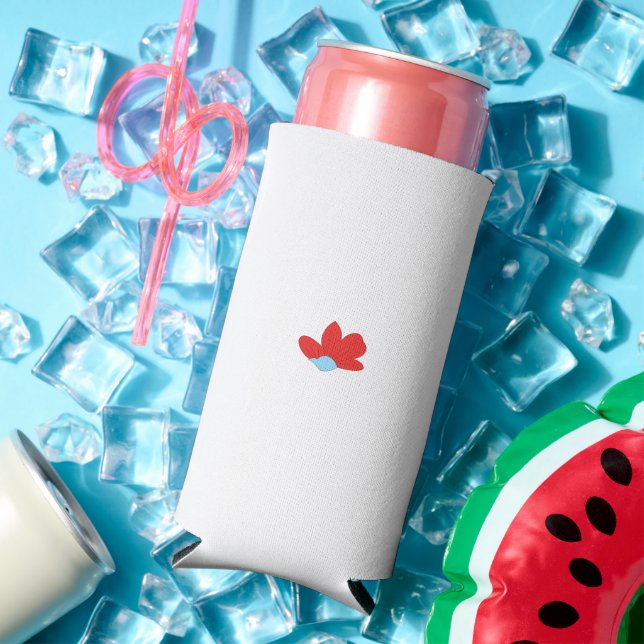 a red flower with a blue centre seltzer can cooler (In Situ Summer)