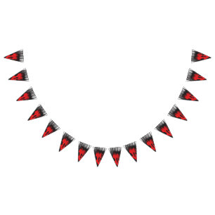A red graphic design featuring bold geometric shap bunting flags
