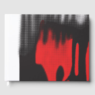 A red graphic design featuring bold geometric shap guest book
