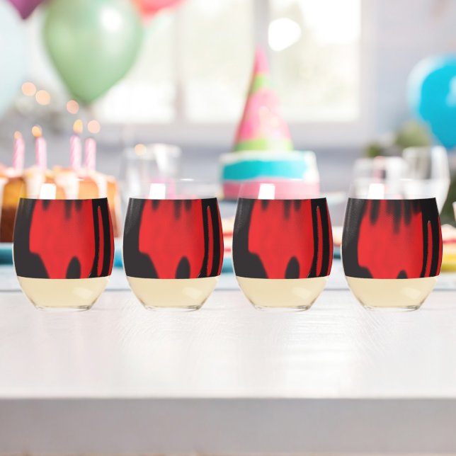 A red graphic design featuring bold geometric shap stemless wine glass (Insitu (Birthday))