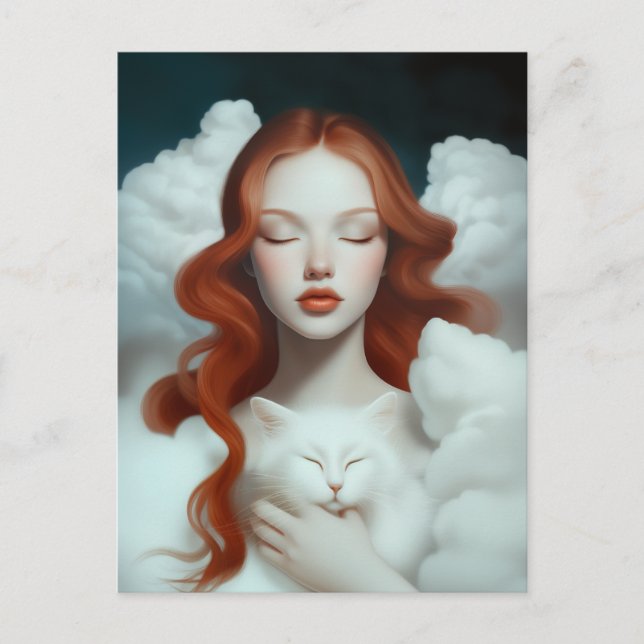 A Red Haired Woman Holding a Cat In The Clouds  Postcard (Front)