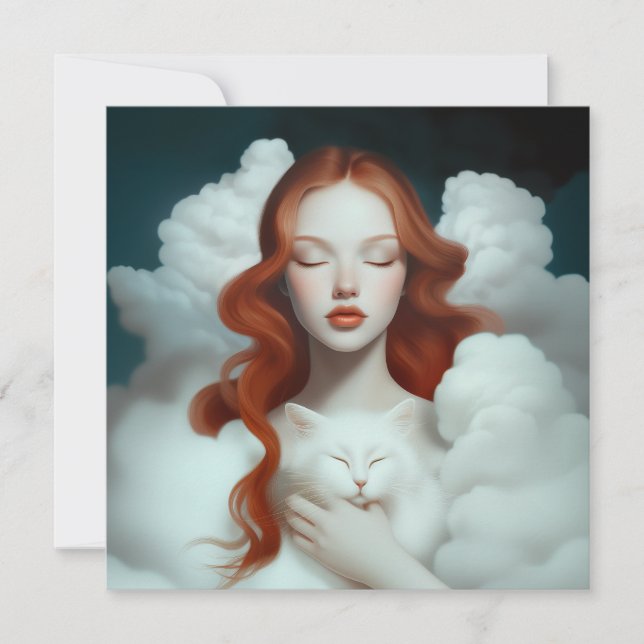 A Red Haired Woman Holding a Cat In The Clouds Thank You Card (Front)