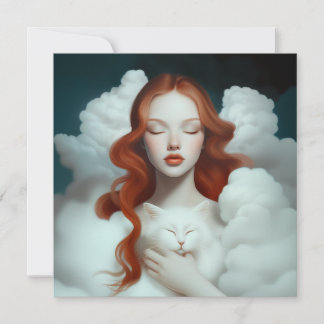 A Red Haired Woman Holding a Cat In The Clouds Thank You Card
