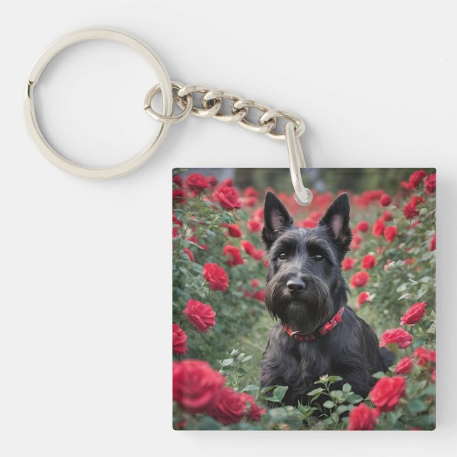"A Red Rose for the Black Scottish Terrier" Keychain (Front)