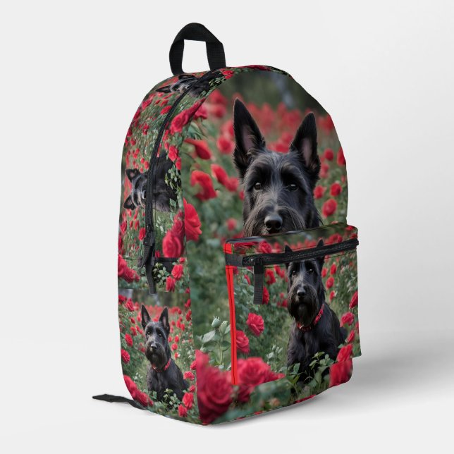 "A Red Rose for the Black Scottish Terrier" Printed Backpack (Back Corner Left)