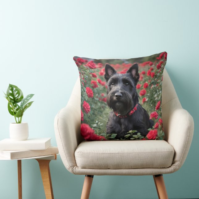 "A Red Rose for the Black Scottish Terrier" Throw Pillow (Chair)