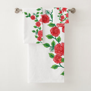 A red rose with detailed petals, depicted in a cli bath towel set