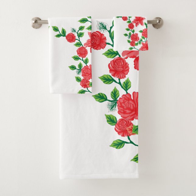 A red rose with detailed petals, depicted in a cli bath towel set (Insitu)