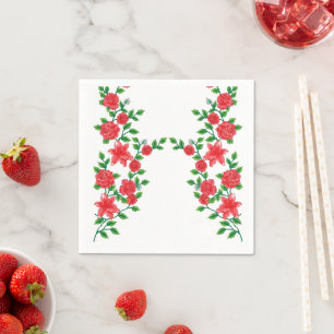 A red rose with detailed petals, depicted in a cli napkin