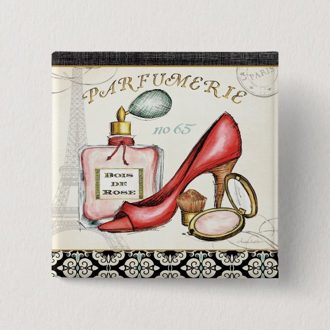 A Red Shoe, A Bottle of Perfume, and Blush Powder 2 Inch Square Button (Front)