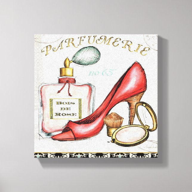 A Red Shoe, A Bottle of Perfume, and Blush Powder Canvas Print (Front)