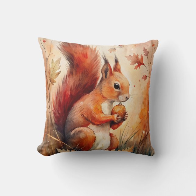 A Red Squirrel eating a nut Throw Pillow (Front)