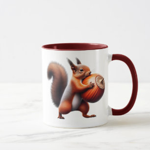 A red squirrel hugs a hazel against him. mug