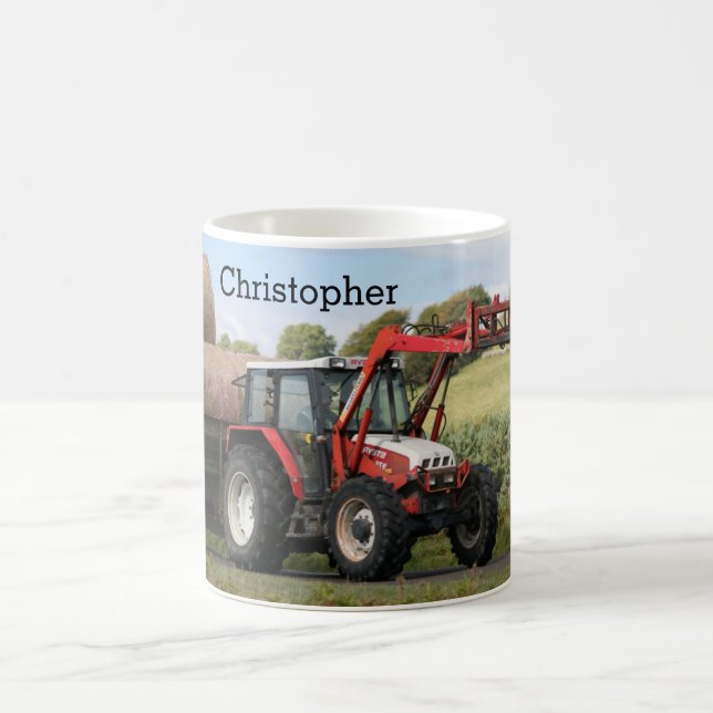 A red tractor pulling bales of hay, personalized. coffee mug (Center)