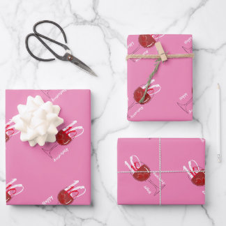A Red Wine glass with 2 ices in heart shape Wrapping Paper Sheet