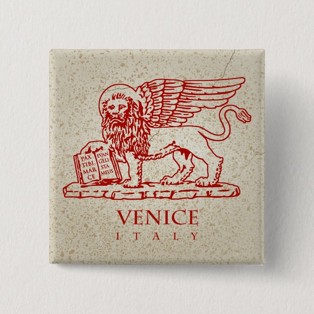 A Red Winged Lion of Venice 2 Inch Square Button (Front)