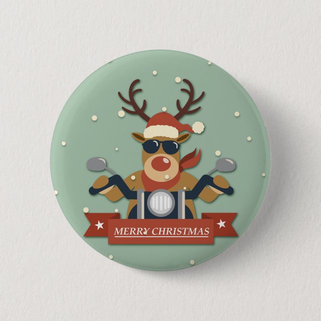 A reindeer sunglasses riding motorcycle 2 inch round button (Front)