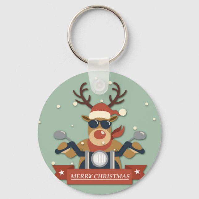 A reindeer sunglasses riding motorcycle keychain (Front)
