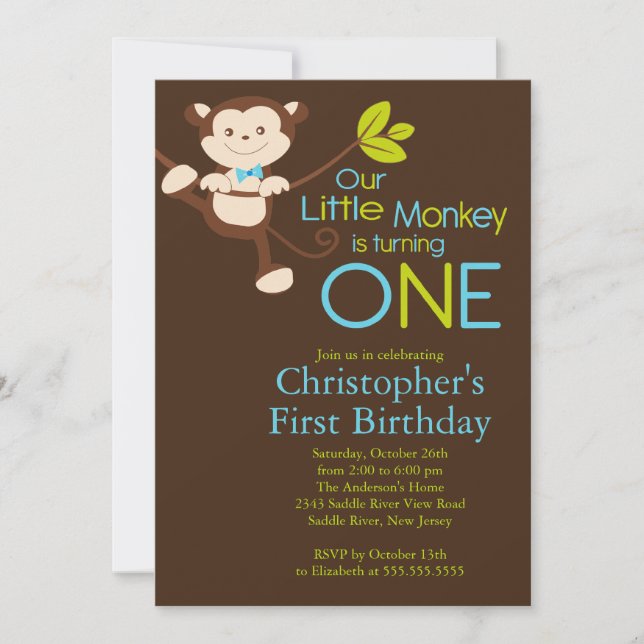 Ă?res invitations de fête d'anniversaire de singe (Devant)