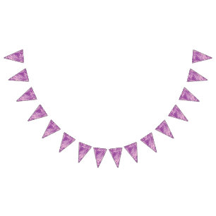 A richly patterned textile design featuring shades bunting flags