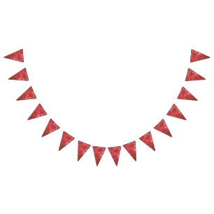 A richly patterned textile featuring vibrant red h bunting flags