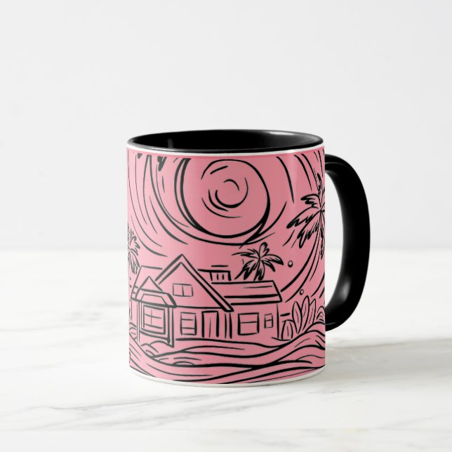 a rising sun in front of the sea, mug (Front Right)