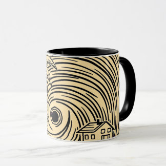 a rising sun in front of the sea, mug