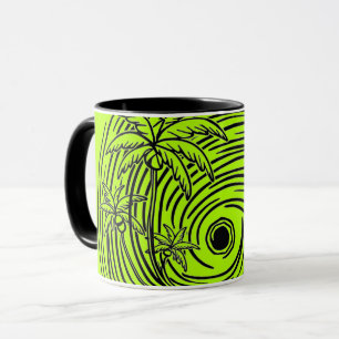 a rising sun in front of the sea, mug