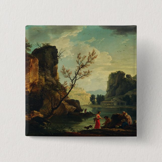 A River with Fishermen by Joseph Vernet  2 Inch Square Button (Front)