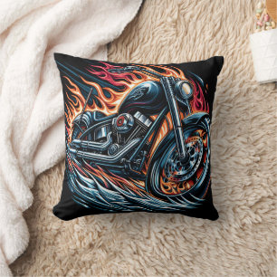 A roaring motorcycle surrounded by fiery flames throw pillow