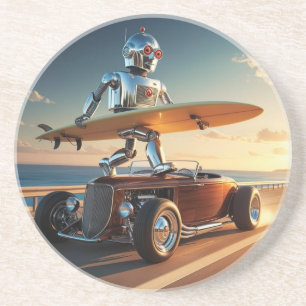 A robot, a surfboad, and a vintage car   coaster
