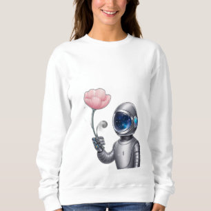 A robot astronaut holding a flower, with stars ref sweatshirt