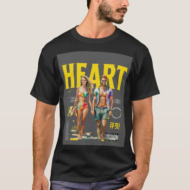 "A Romantic 3D Cartoon Couple Rowing a Heart-Shape T-Shirt (Front)