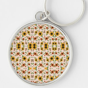 A round keychain with a floral mosaic design