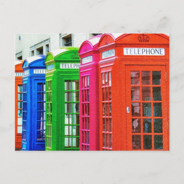 A Row of Brightly Coloured Telephone Boxes Postcard (Front)