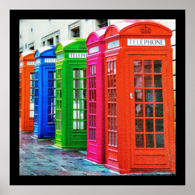 A Row of Brightly Coloured Telephone Boxes Poster (Front)