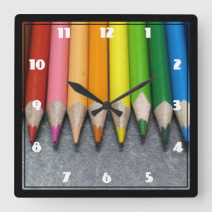 A Row of Coloured Pencils. Square Wall Clock