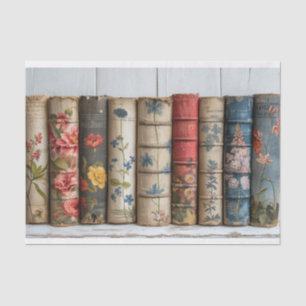 A Row of Old Books with Painted Flowers Tissue Paper