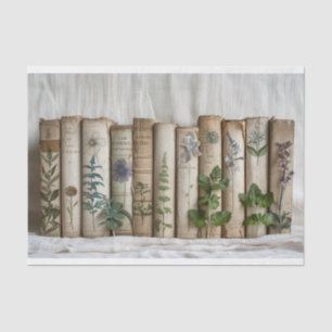 A Row of Old Books with Painted Herbs Tissue Paper